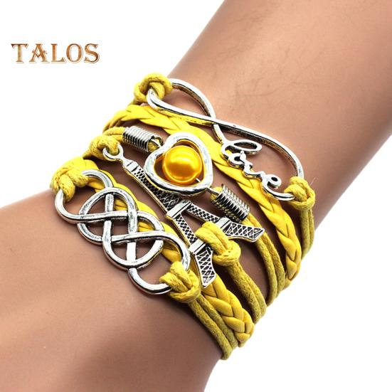 Braided Wrap Layered Faux Leather Bracelet Retro Multilayer Hearts Tower Cord Braided Wristband for Men Women