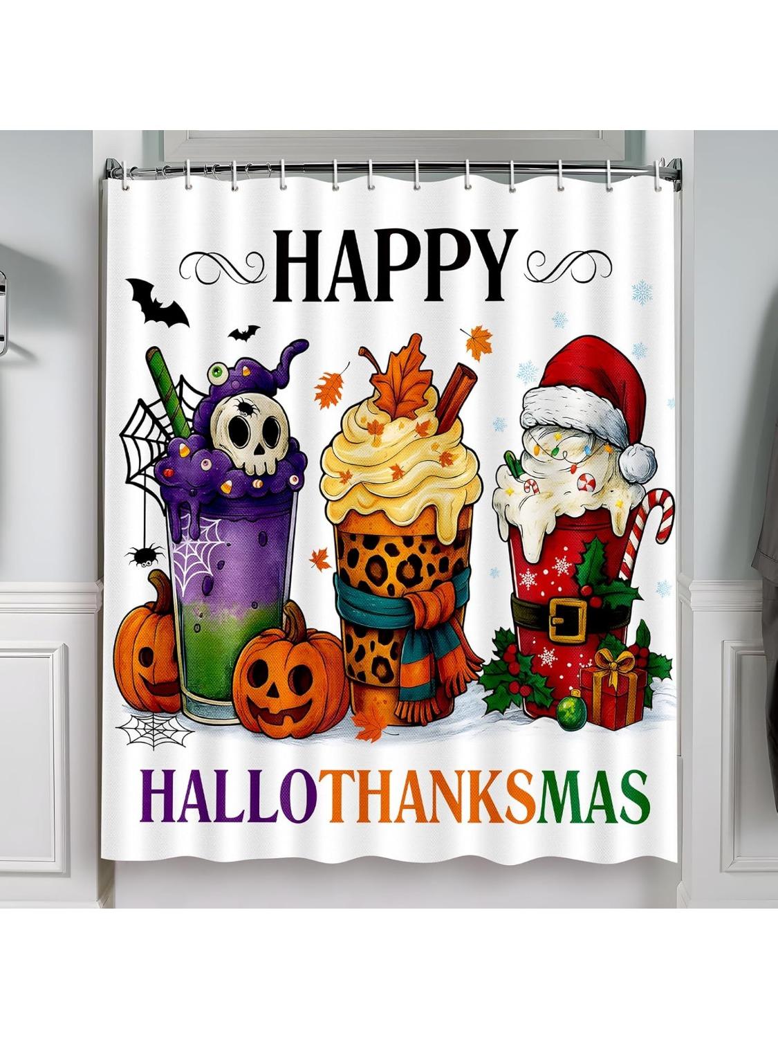 

Halloween Shower Curtain For Bathroom Cups Hallothanksmas Fall Autumn Thanksgiving Christmas With 12 Hooks 72 X 72 Inches Decor W60H190(CM)-1 Pcs