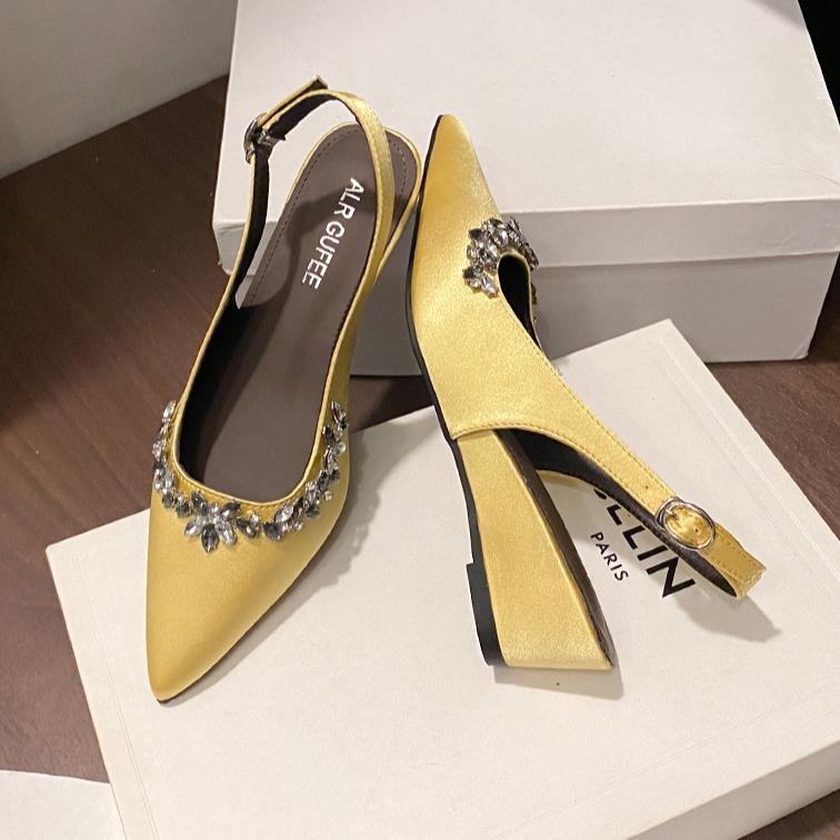 

Fashion Crystal Women Heeled Sandals Pointed Toe High Heels Shoes Woman Wedges Slippers 2025 Fashion Slingback Sexy Dress Summer Pumps 40 жёлтый