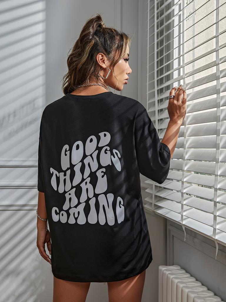 Gute Dinge kommen Slogan Buchstaben Druck T-Shirt Damen Baumwollkleidung O-Ausschnitt Atmungsaktiv Kurzarm Locker Übergröße Oberteile