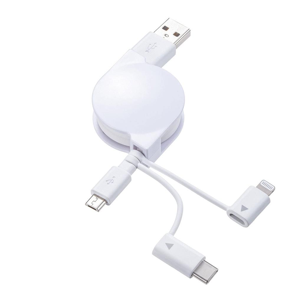 Sanwa Supply and microB Retractable USB Lightning, Type-C, 3-in-1 Cable, 0.8m, KB-IPLTM08KW