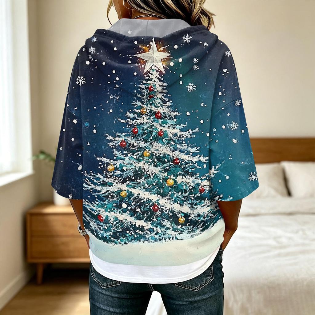 Women's Casual 3/4 Sleeve Hooded Christmas T-Shirt for Holiday Parties and Everyday Wear