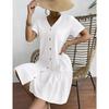 Summer Women's Short Sleeve Dress, Single Breasted Loose A-line Dress with Pockets Ruffle Hem Casual Dress