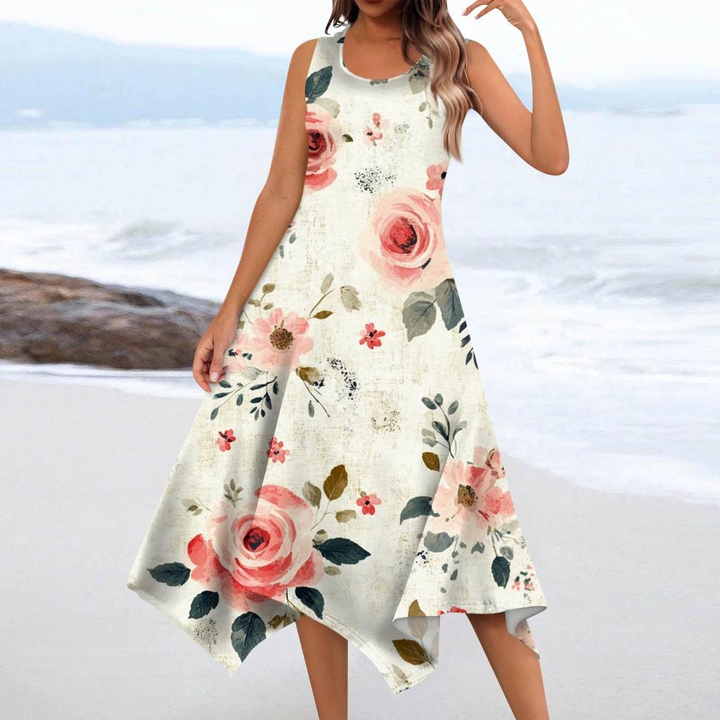 Women's Summer Fashion Round Neck Sleeveless Floral Print Irregular Hem Midi Dresses