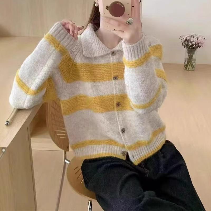 Vintage contrasting color striped polo neck sweater cardigan women's early spring new loose plush long-sleeved jacket