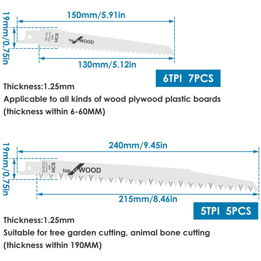 12PCS Reciprocating Saw Blade Wood Pruning Saw Blade 6/9 Inch 6/5tpi High Carbon Steel for Cutting Plywood Plastic Plate Ribs