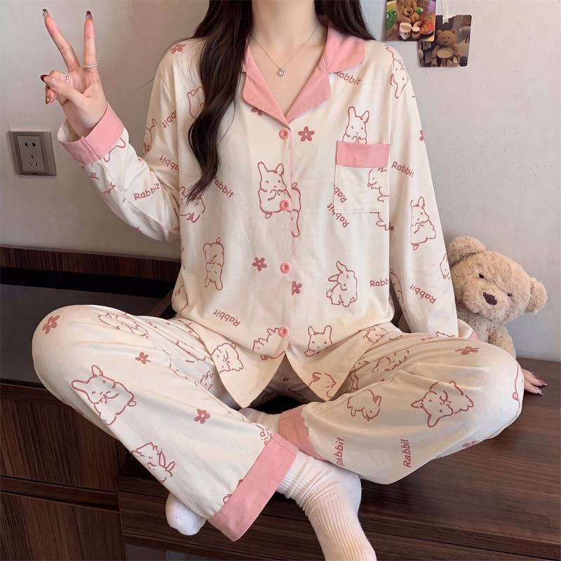Soft cute rabbit pajamas women's spring and autumn imitation cotton high-value loungewear long-sleeved two-piece set can be worn outside