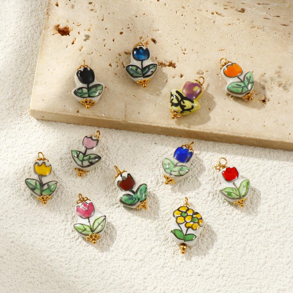 2PCs 304 Stainless Steel & Ceramic Tulip Flower Charms Flora Collection 18K Gold Plated Pendants For DIY Necklace Jewelry Making