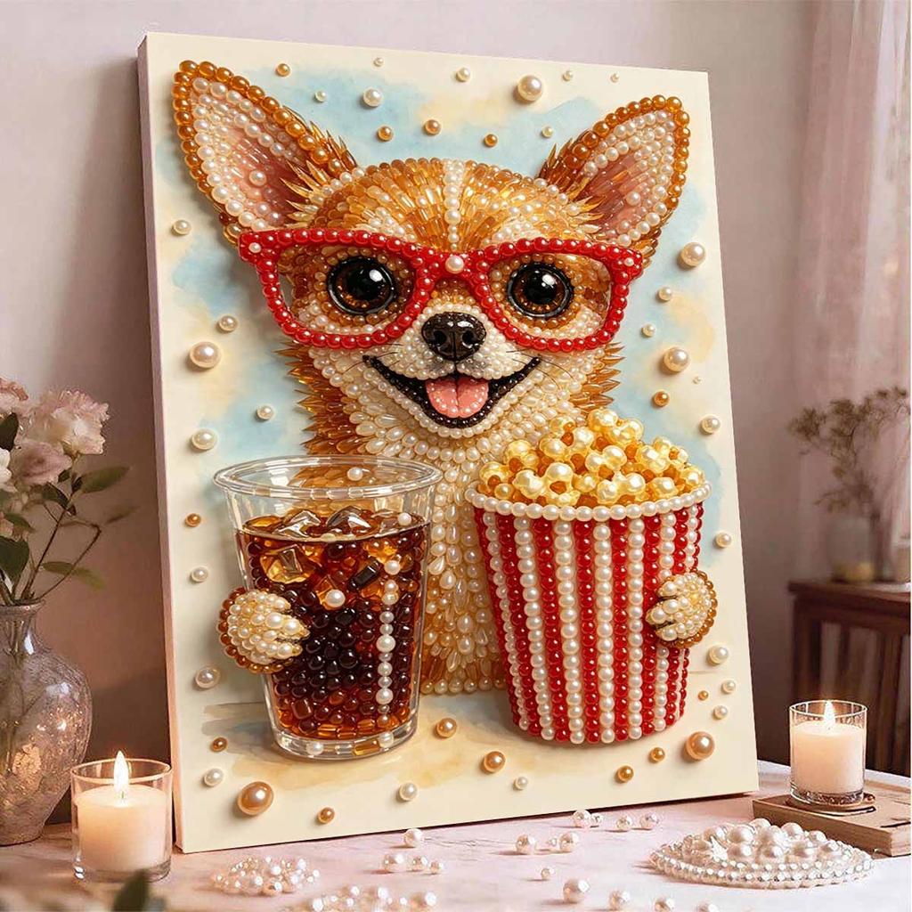 DIY Framed Pearl Painting Kit with Chihuahua Wearing Glasses Popcorn Soda 5D Sparkling Bead Art Canvas Ready to Display Home Decor Gift Idea