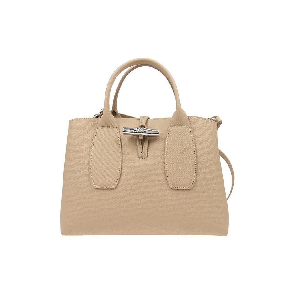 Longchamp Le Roseau 30 Solid Color Bamboo Buckle Closure Leather Big Bag Crossbody Handbag Medium Women Handbags Sand-Gray 10058HPN414