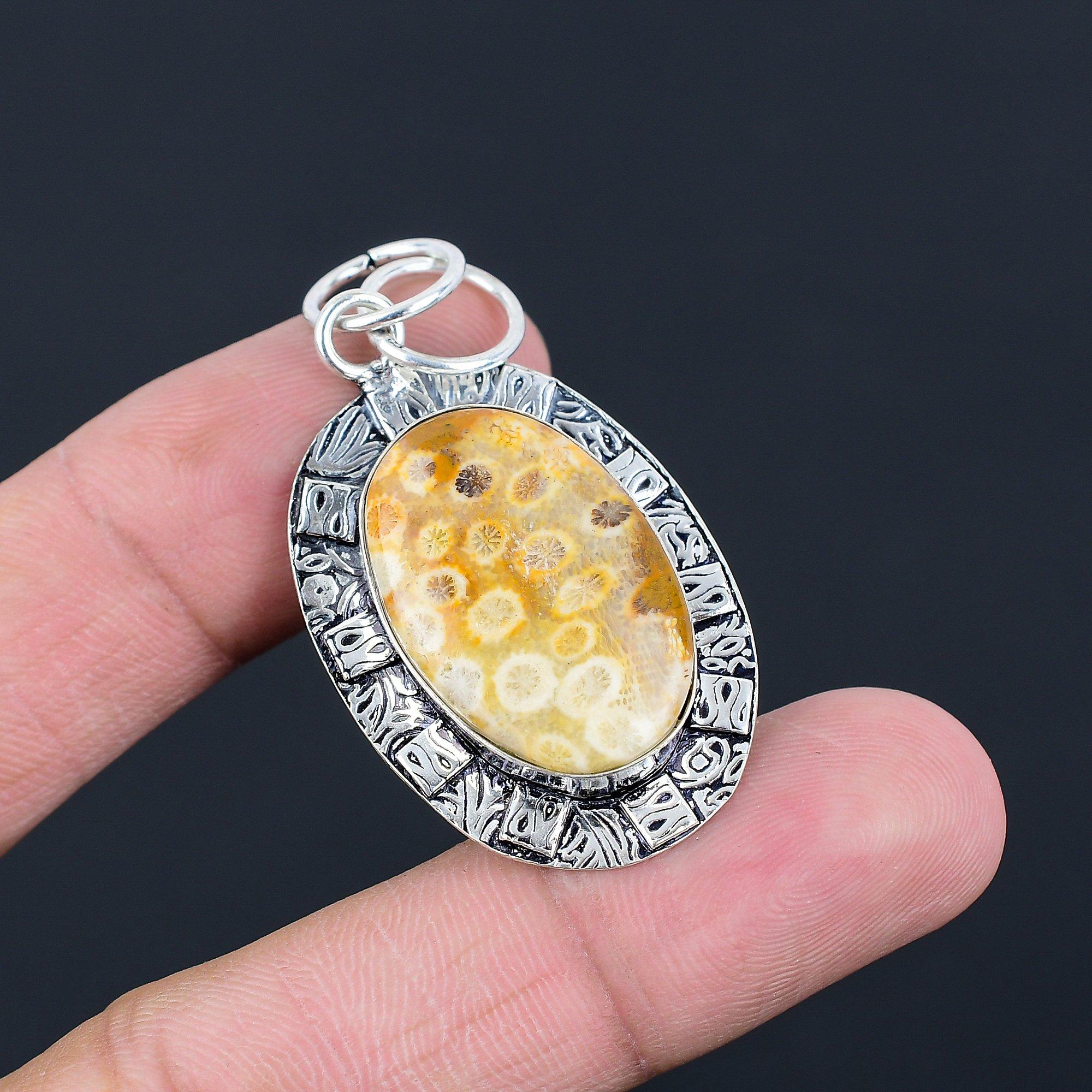 Fossil Coral Stone Root Chakra Anniversary Sister Trendy Pendant Sterling Silver