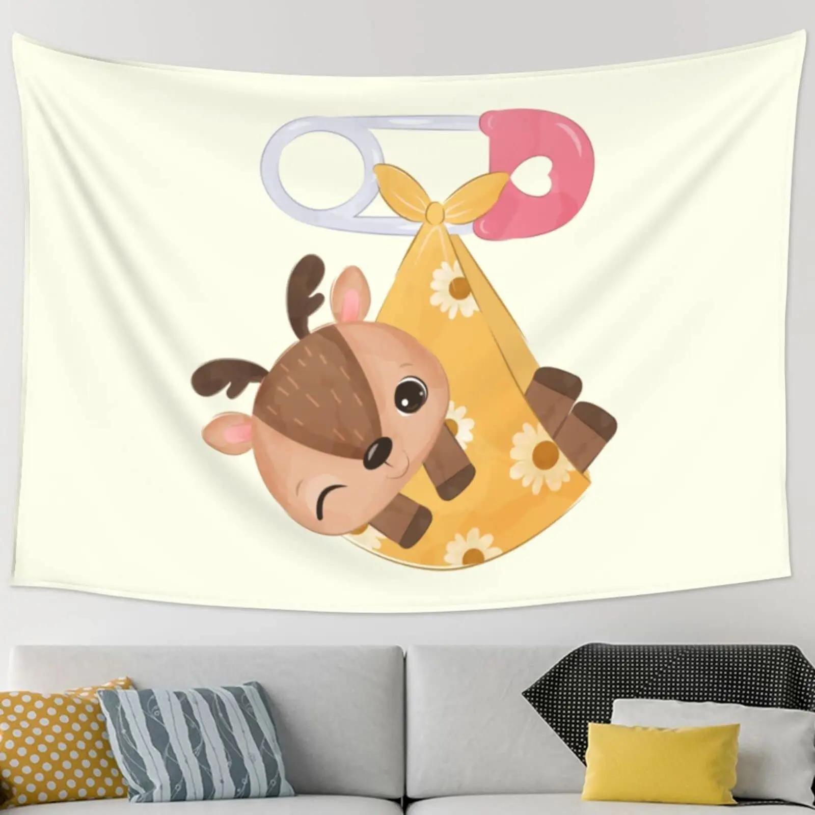 Cartoon Deer Sitting on The Grass Tapestry for Kids Boys Girls Bedroom Cute Animals Tapestry Wall Hanging Decor for Living Room 74x94cm(29x37in)