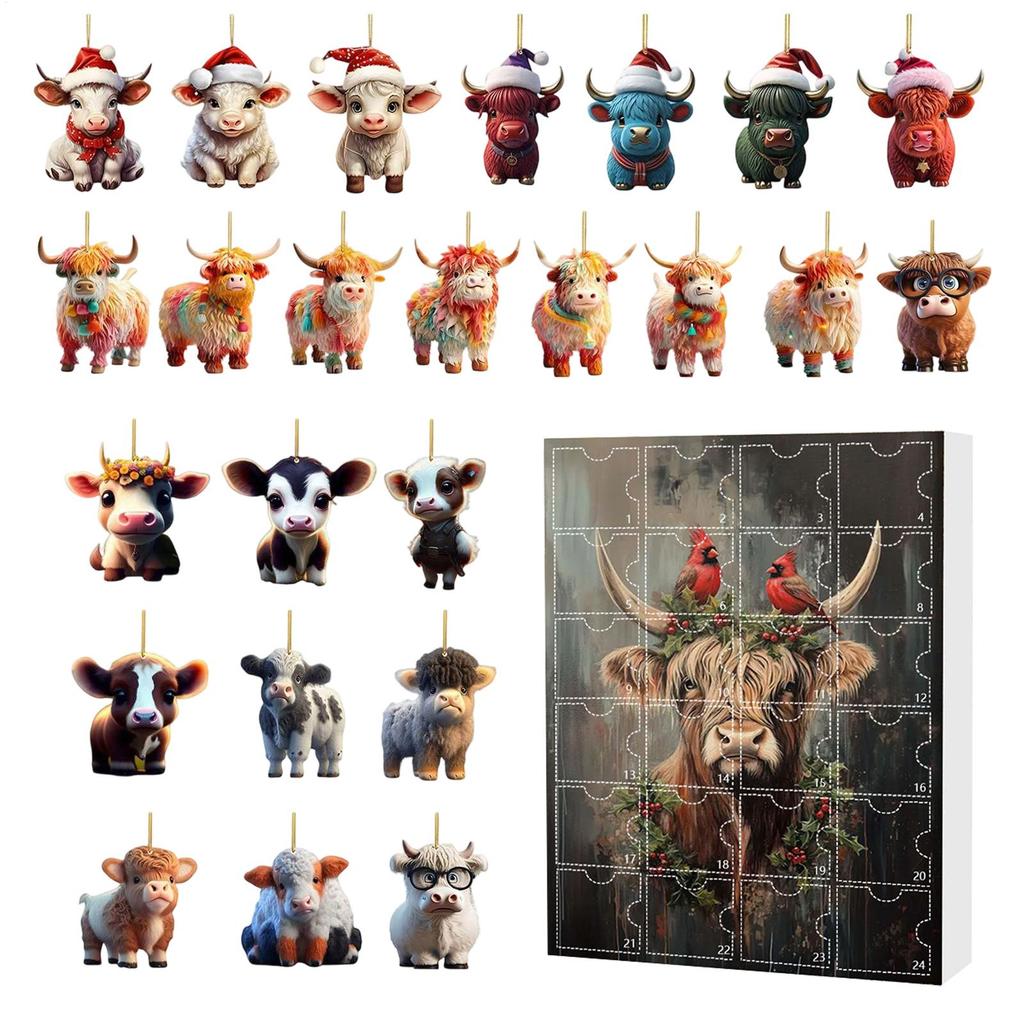 Christmas Highland Cow Advent Calendar 24pcs 2D flat Xmas Tree Interesting Highland Cow Hanging Ornaments Kids Xmas Gifts