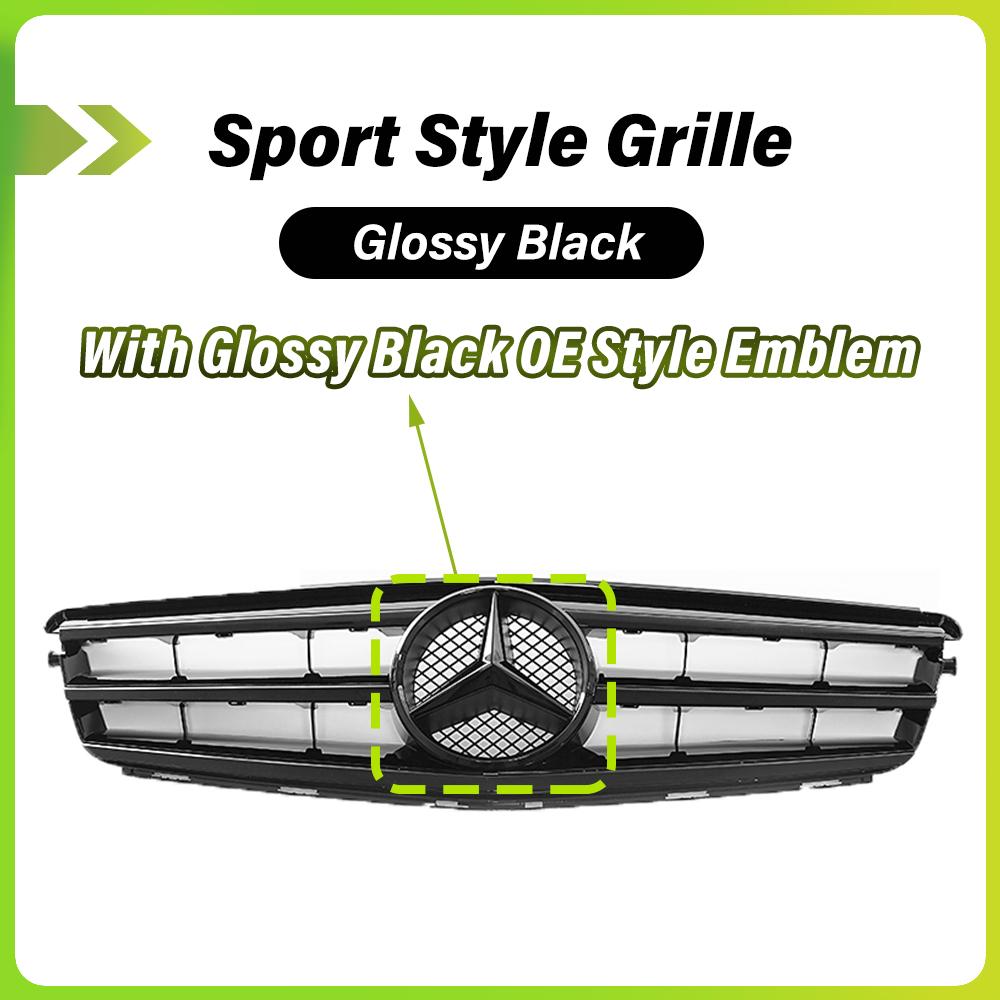 FCM5 Glossy Black Sport Style Racing Grille With OE Style Star Emblem Logo For Mercedes Benz C W204 08-14 C200 C230 C250 Bumper Grill