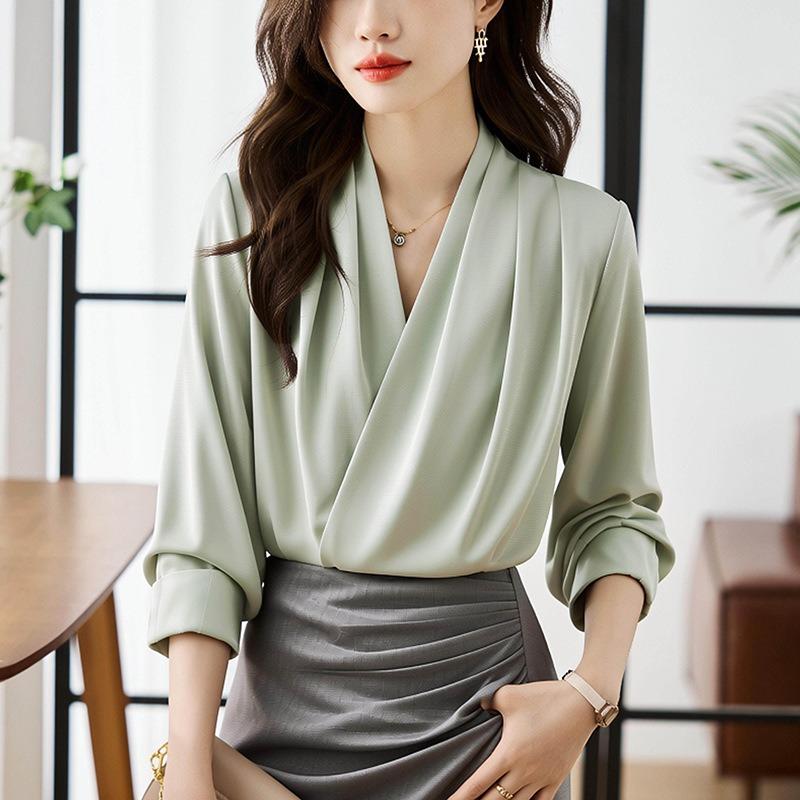 women v neck satin blouse long sleeve solid color office wear casual shirt S зелёный