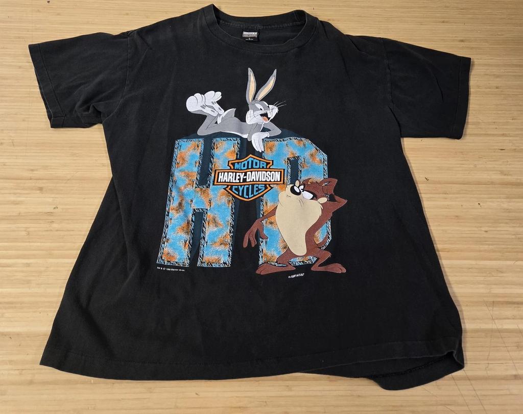 Vintage Harley Davidson Looney Tunes Shirt Mens Large Black Bugs Taz 90s USA