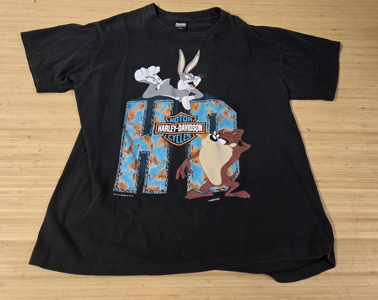 Vintage Harley Davidson Looney Tunes Shirt Mens Large Black Bugs Taz 90s USA 2XL