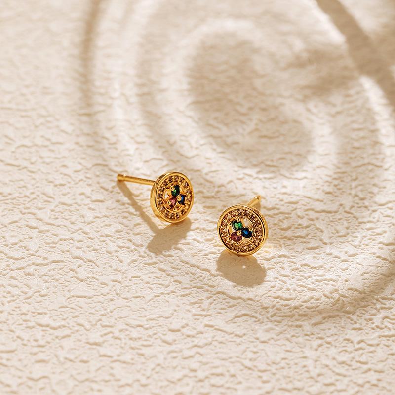 Copper Plated 18k Gold Colored Zircon Small Delicate Round Geometric Stud Earrings