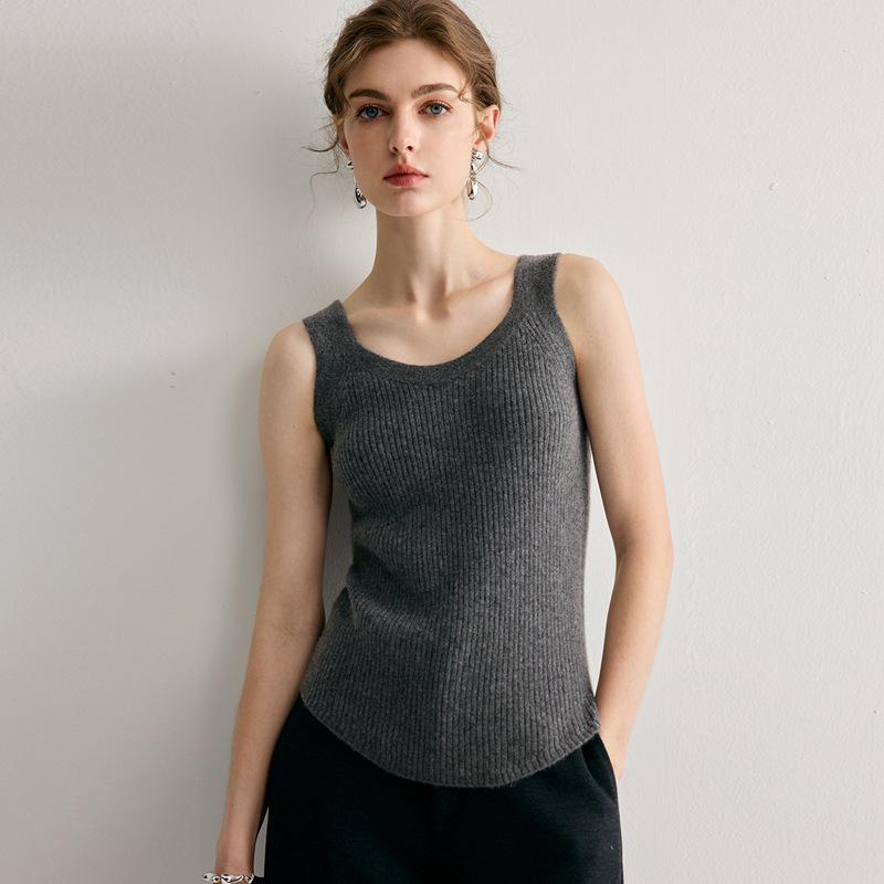 Women's 100% Pure Cashmere Wide Strap Ribbed Camisole – Slim Fit, Round Neck, Autumn/Winter Collection