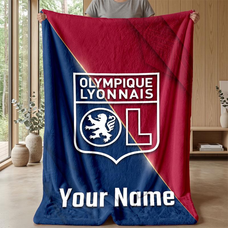 Lyon FC Custom Name Text Flannel Blanket Soccer Logo Personalized Fleece Throw Blanket Special Gift For Sofa Bedroom Home
