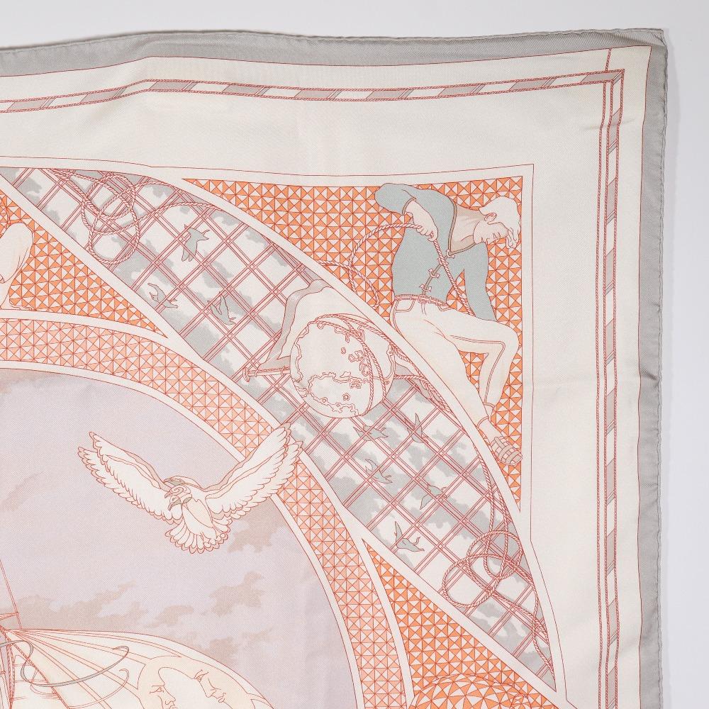 Hermes Carree90 Scarf VOYAGE Au LONG COURS Ocean Voyage White Silk Women Used