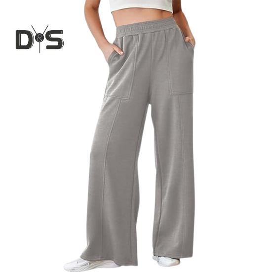 Damenhose, elastisch, hohe Taille, gerades weites Bein, lange Hose, einfarbig, lockere Passform, lange Hose mit Taschen, für den Alltag