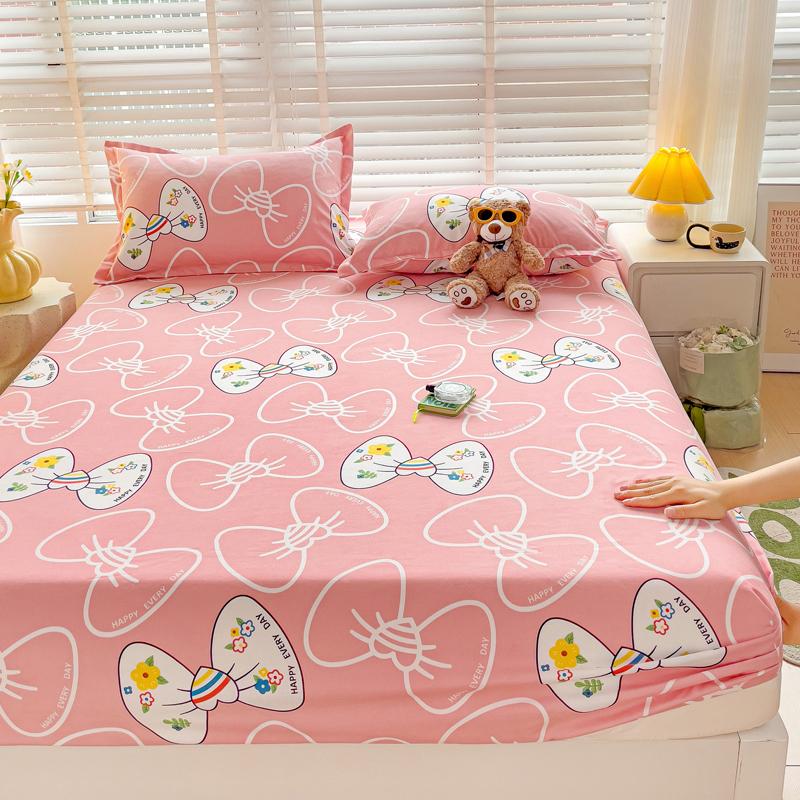 Romantic Love Bow Pattern Fitted Sheet Set Skin-friendly Breathable 3Pcs Mattress Cover with Elastic Band Queen Size Bedding Set