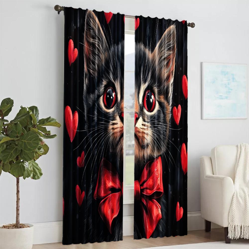 2 pcs   versatile polyester transparent curtains for home decoration Love cat for use in bedrooms and living rooms