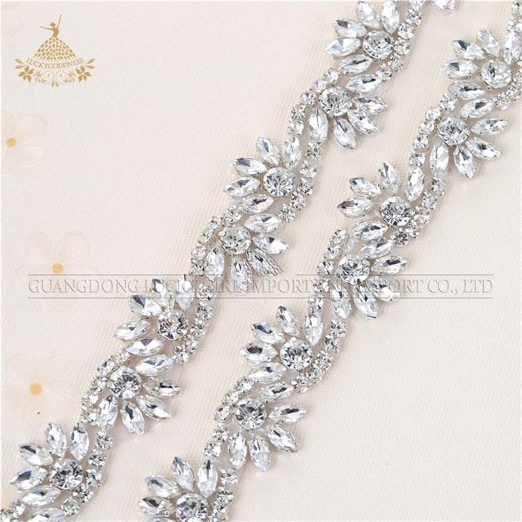 High Quality Fancy Applique Design Sash Shape Beaded Silver Crystal Rhinestone Applique Trims