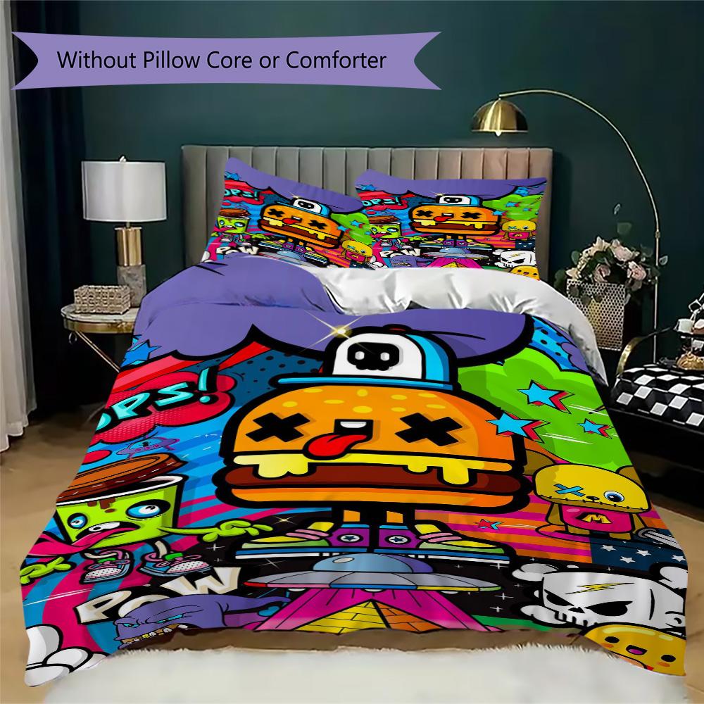 Street Style Burger and Friends Pattern Bedding,Quilt Set Quilt Cover Pillowcase Home Birthday Gift (1*duvet cover+2*pillowcase,without core)ZSJT09171