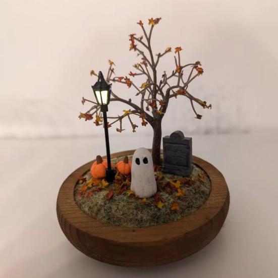 Halloween Ghost Pumpkin Lantern Lighted Glass Dome Cloche Horror Desktop Ornament for Home Fireplace Table Indoor Night Light