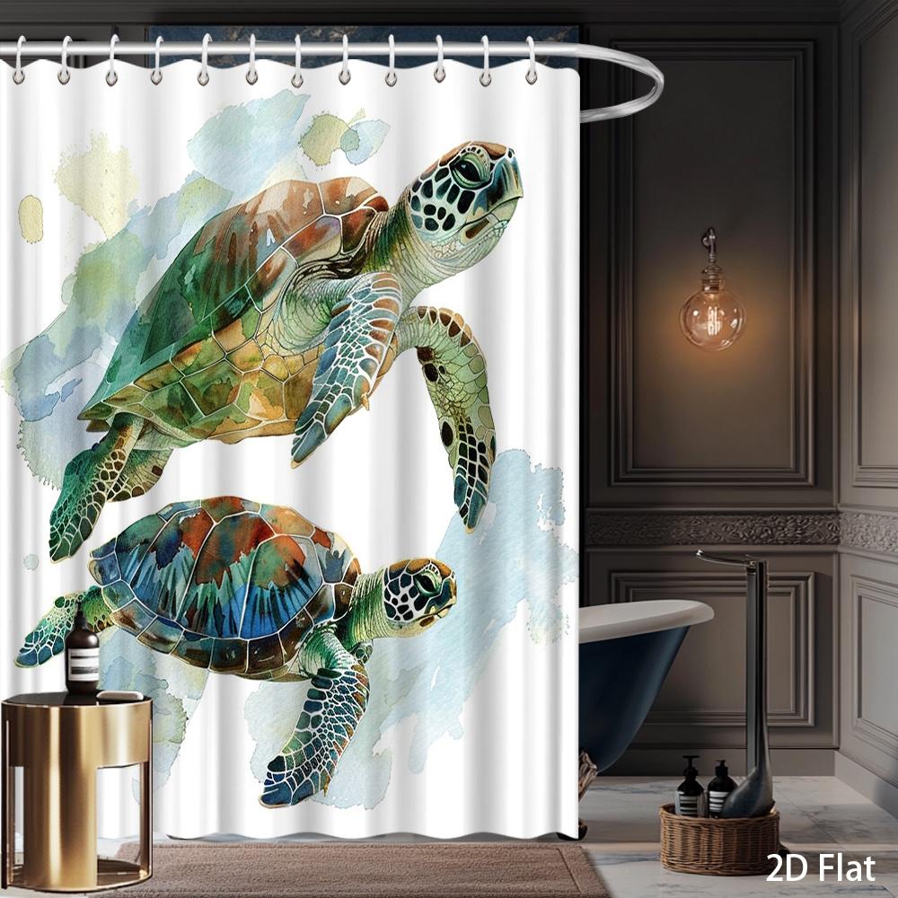 Watercolor Sea Turtle Shower Curtain – Ocean-Themed Art, Swimming Turtles On White Background, Polyester, Includes Hooks