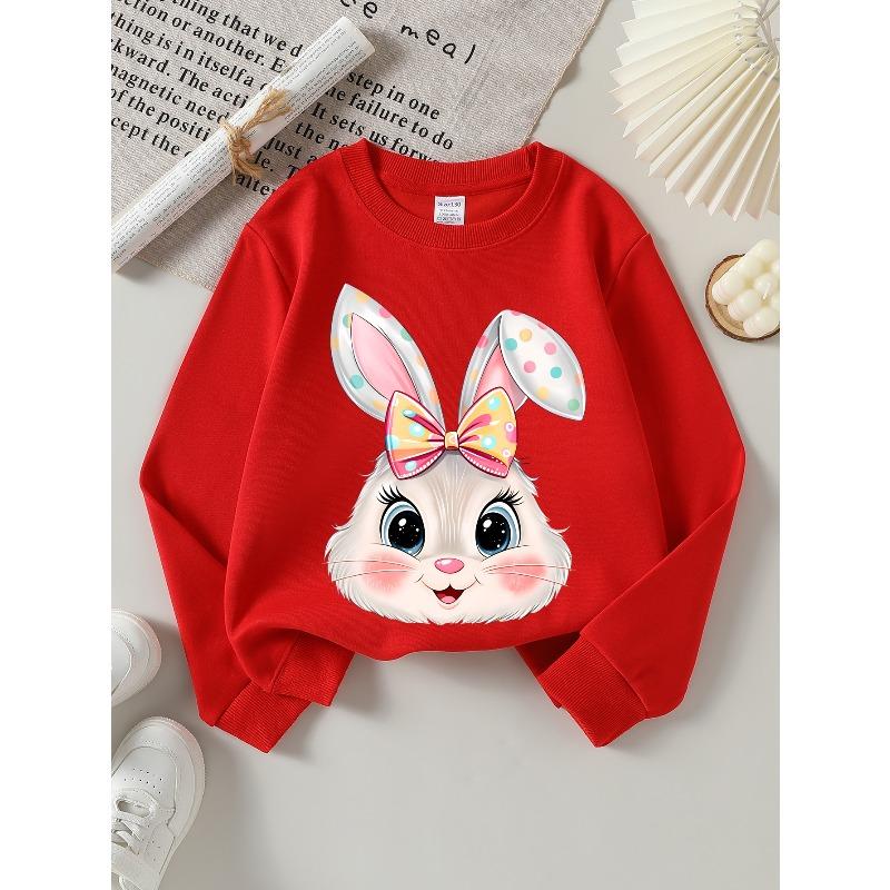 Kids Unisex Crewneck Sweatshirt, Cute White Bunny Head With Color Polka Dot Bow Cartoon Print Soft Fleece Pullover For Kids Over 4 Years Old
