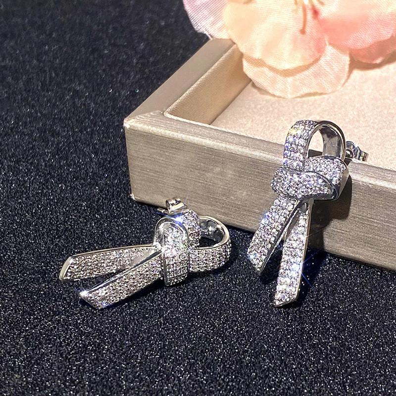 925 Sterling Silver Bow Stud Earrings for Women Sparkling Crystal Cubic Zirconia Temperament Accessories Female Jewelry
