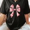Women'S Casual Crew Neck T-Shirt with Pink Heart Bow Print, Knit Fabric, Short Sleeve Top for All Seasons, Valentine'S Day Gift,