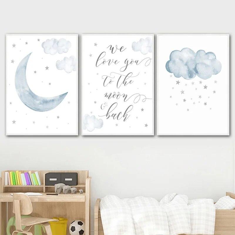 Child Poster Blue Moon Clouds Wall Art Canvas Nursery Quotes Print Nordic Kid Bedroom Decoration Picture Painting for Baby Room