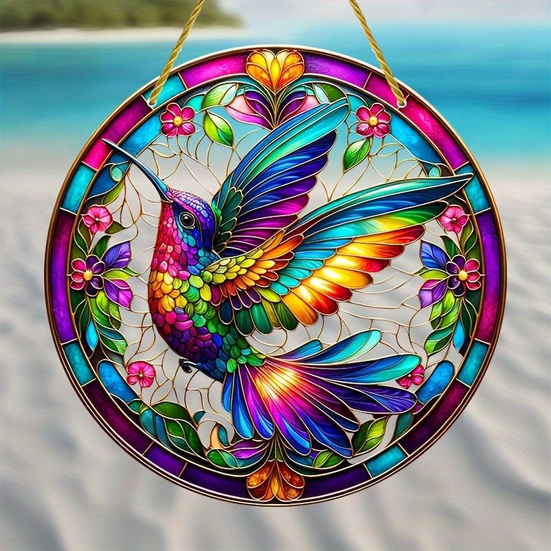 Hummingbird Stained Glass Art. 8x8 inch acrylic with floral design for home or bar. A perfect gift.