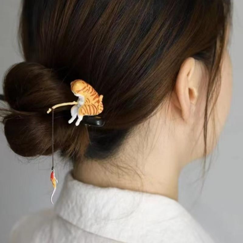Retro Katze Angeln Holz Haarstab Quaste Schwarzes Sandelholz Hanfu Haarnadel Haarstäbe für Dutt Chinesischer Stil Hanfu Accessoires