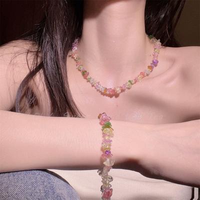 JMXD-Candy Color Irregular Glass Bead Necklace Natural Stone Embellishment Small Fresh Personalized Design Fashion Collarbone Chain Trend Must-have