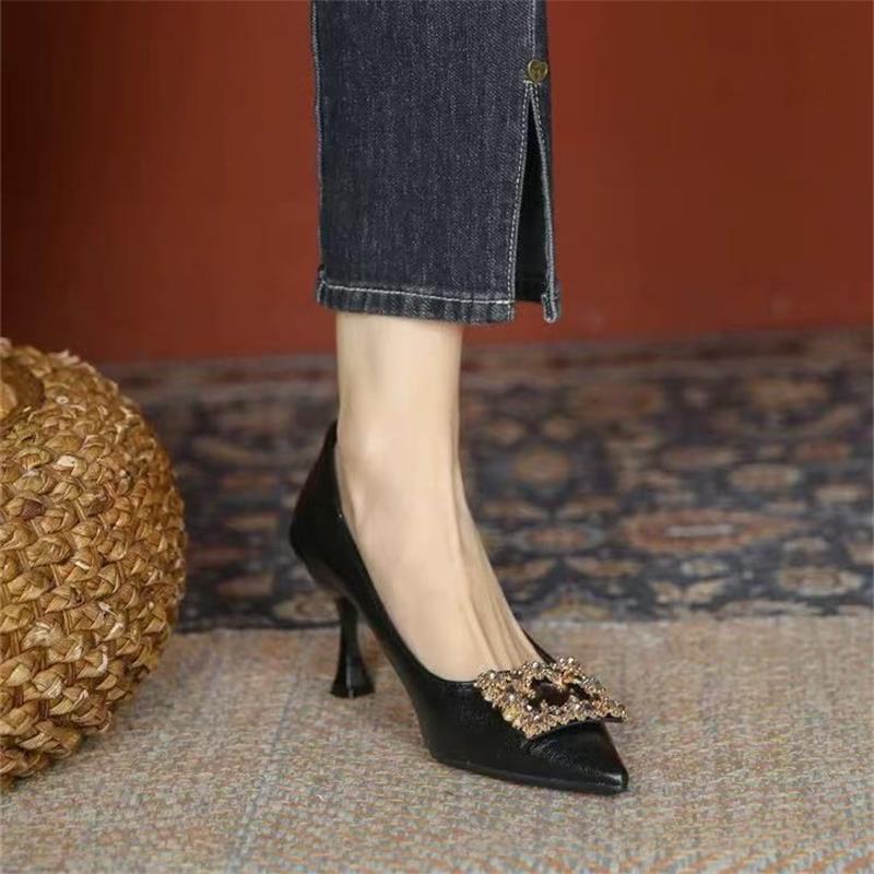 Summer Fashion Versatile Rhinestone High Heels Women's 2025 New Pointed Thin Heel Soft Leather Soft Sole Temperament Bridesmaid Shoes