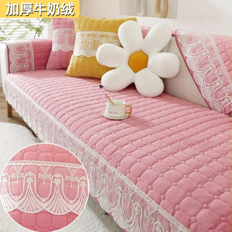 

Плюшевая подушка для дивана с кружевным краем, универсальная противоскользящая толстая подушка для сиденья, современный минималистичный Пылезащитный коврик 70x70cm