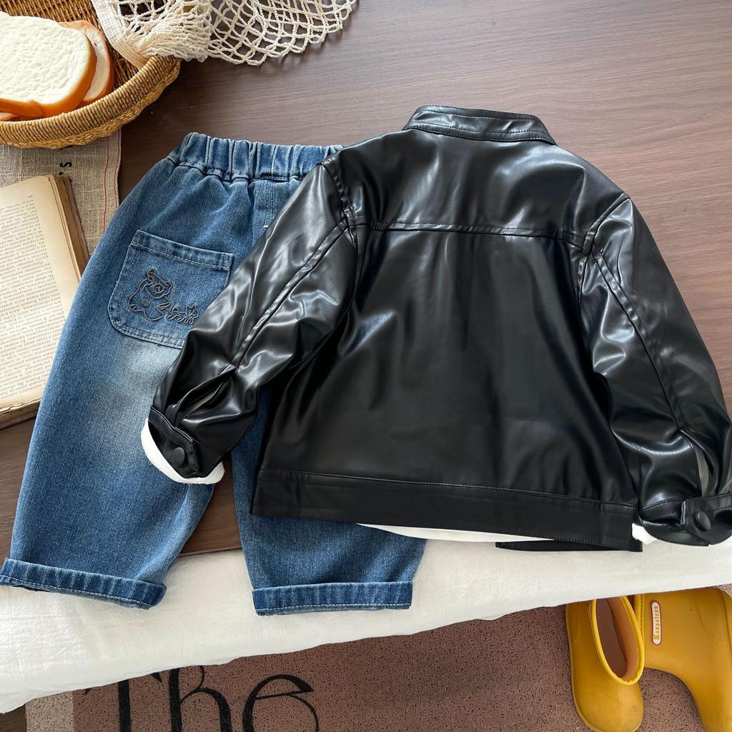 Boys Faux Leather Jacket Spring Autumn Thin Coat Kids Cool Outfit Set Baby Fashion Outerwear