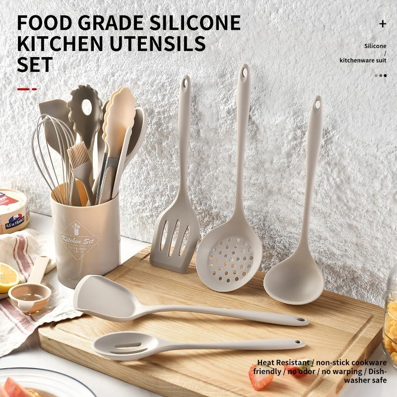 15pcs Silicone Kitchen Tools Set Non Stick High Temp Resistant Food Grade Utensils Spatulas Spoons Colander Storage Bucket