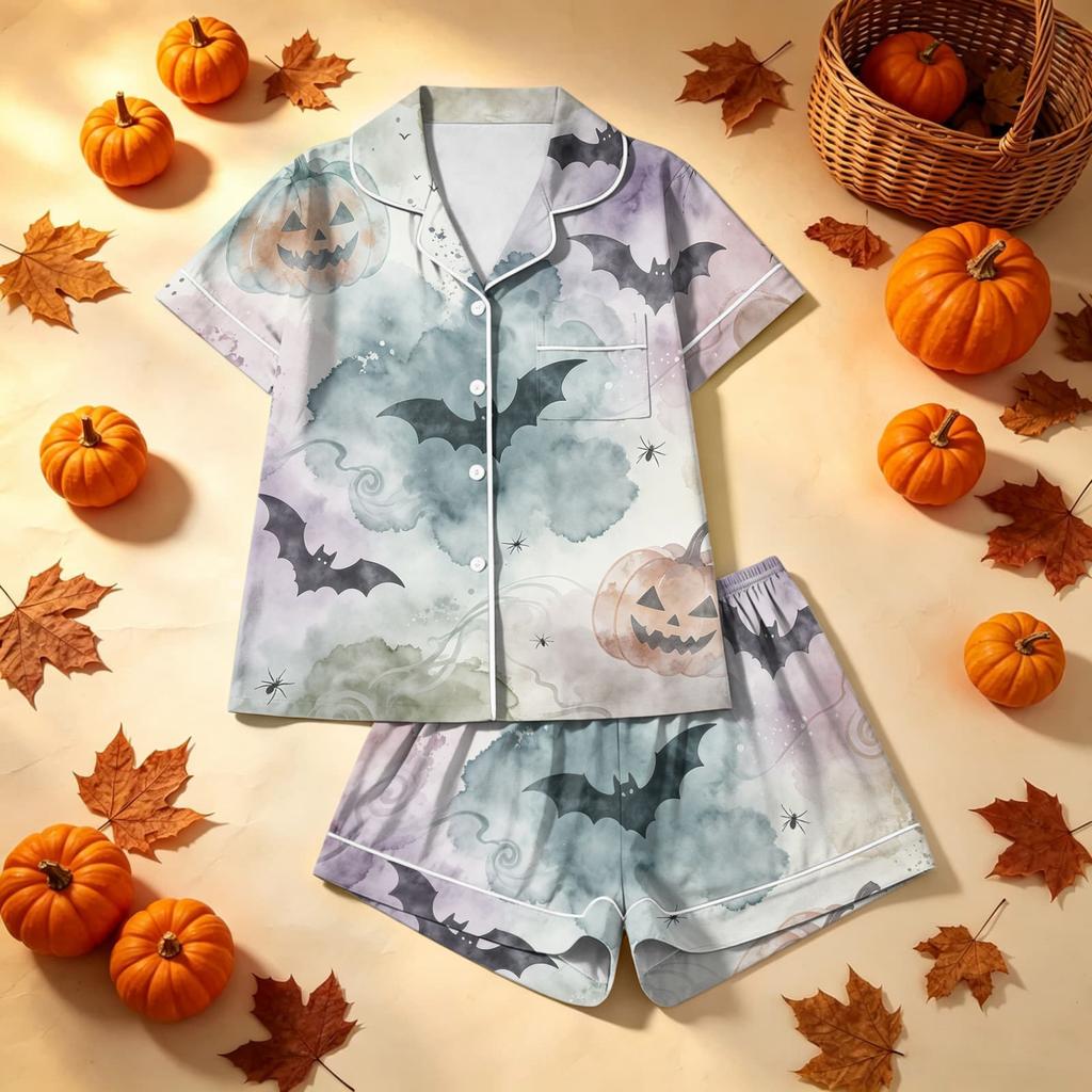 Women's Halloween Printed Pajama Two-Piece Set - Comfortable Sleepwear for Home & Sleep