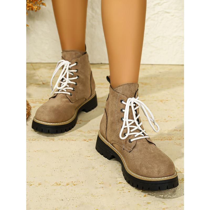 Round Toe Booties 2025 Winter New Lace-up British Style Plus Size Platform Martin Boots for Women