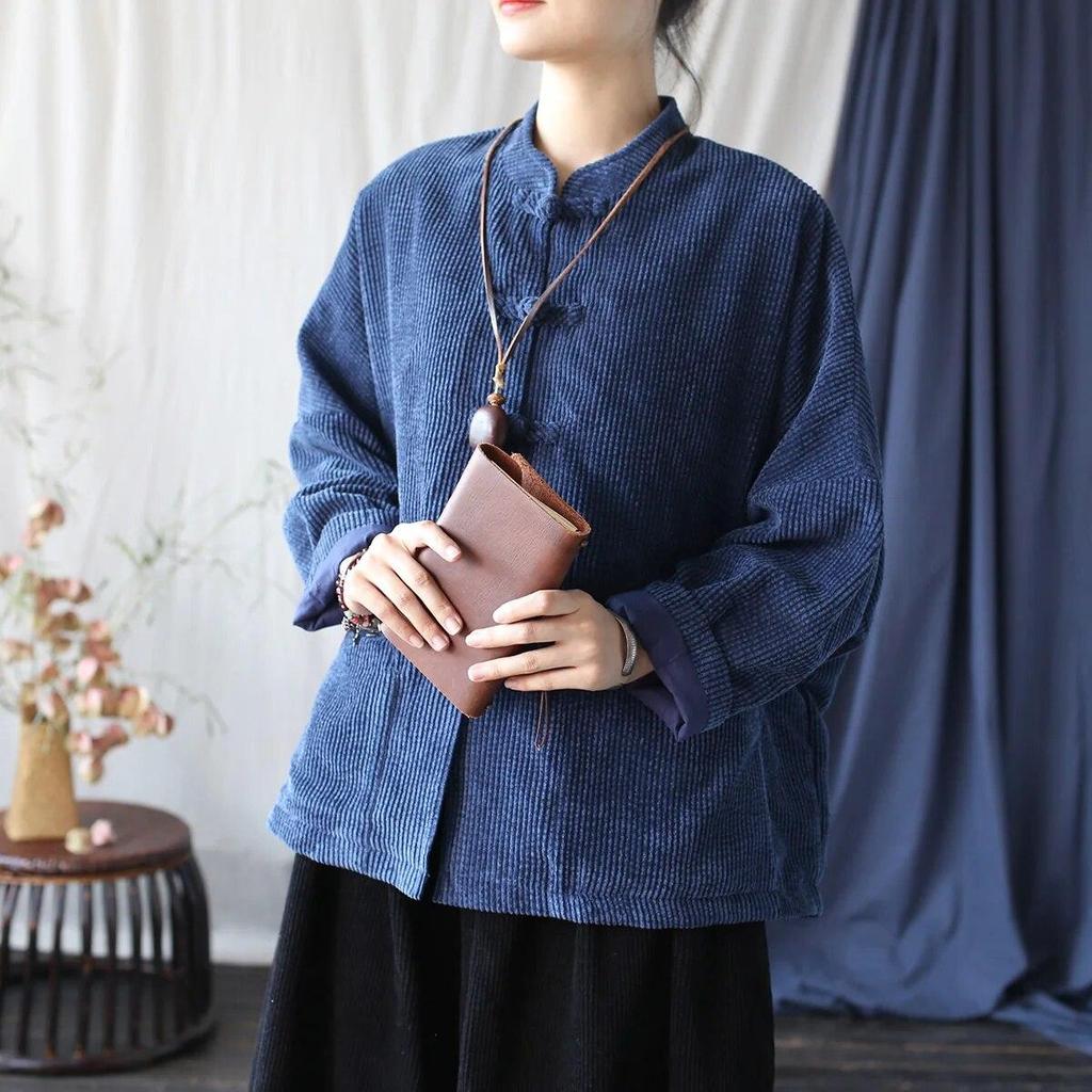 Johnature Dámské Vintage Stojáčkové Bundy Stojáčkové Dlouhý Rukáv Podzimní Kabáty Knoflík Jednobarevné Patchwork Kapsy Bundy