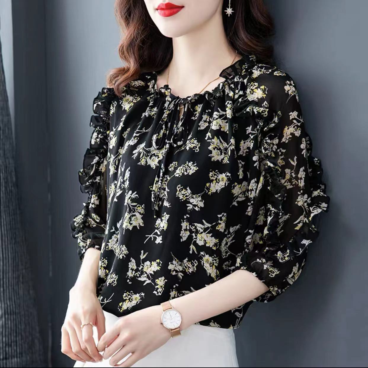 

Шифоновая рубашка с цветочным принтом, весенне-осенняя новая блузка, женская футболка с длинными рукавами, топ 5XL