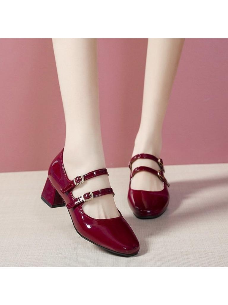 2024 Spring Autumn Women Mary Janes Shoes Double Buckle Patent Leather Dress Square Head Square Heel Solid Color Women's Shoes