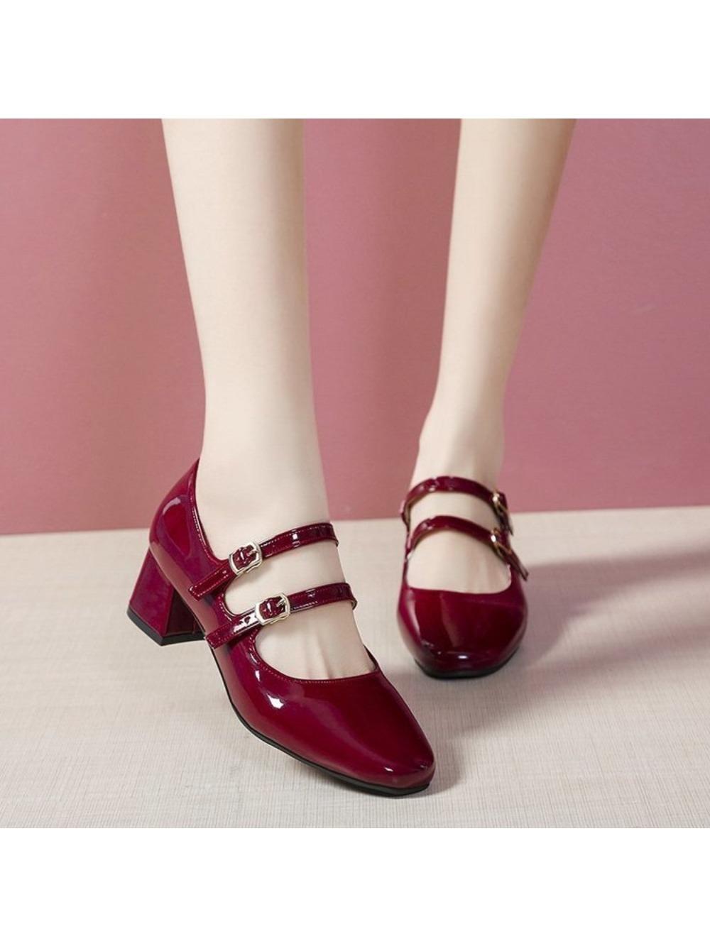 

2024 Spring Autumn Women Mary Janes Shoes Double Buckle Patent Leather Dress Square Head Square Heel Solid Color Women s Shoes 34