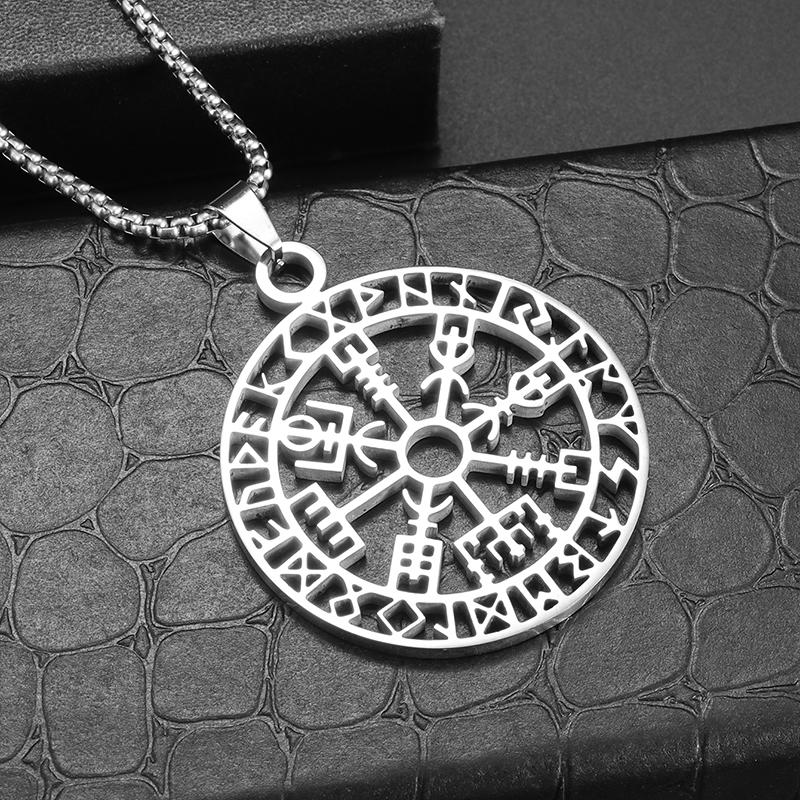 Stainless Steel Vintage Nordic Rune Compass Necklace Men Fashion Trend Amulet Nordic Jewelry